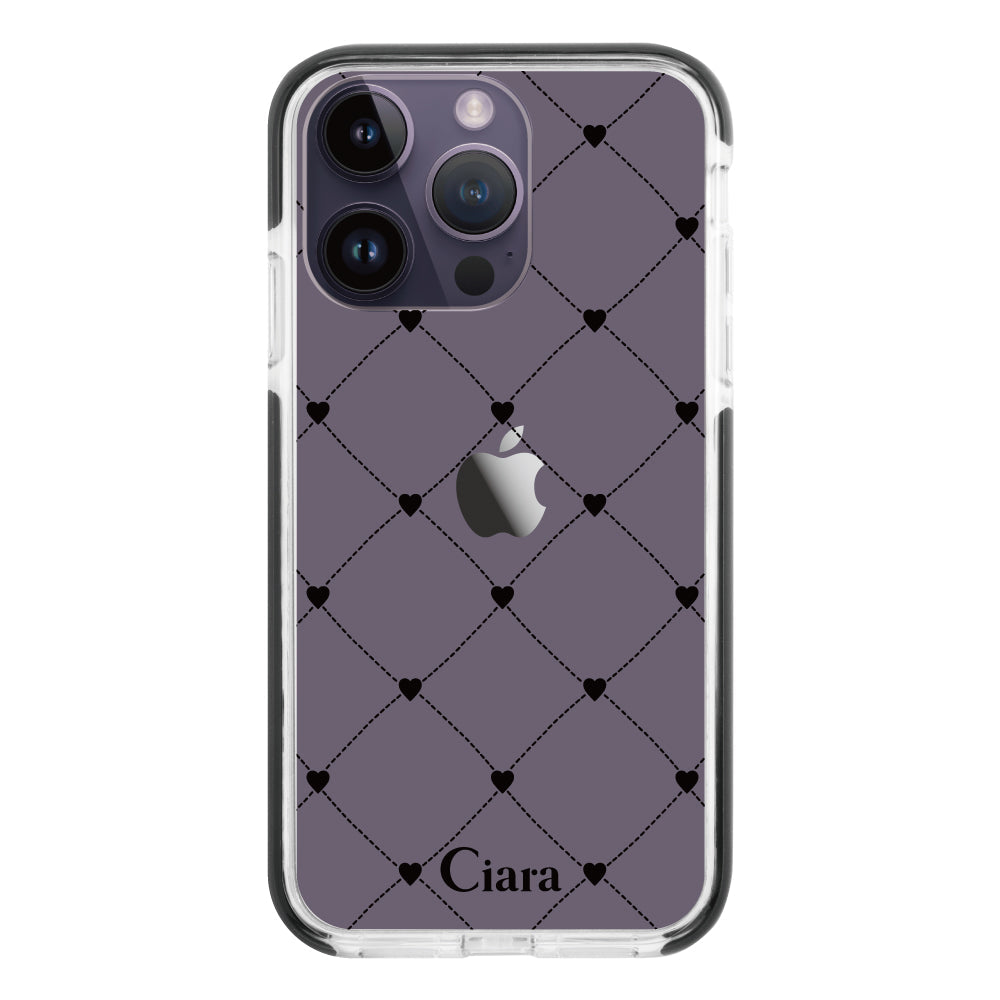 iPhone14ProMaxケース クッションバンパー 耐衝撃クリアケース ハートキルティング ブラック