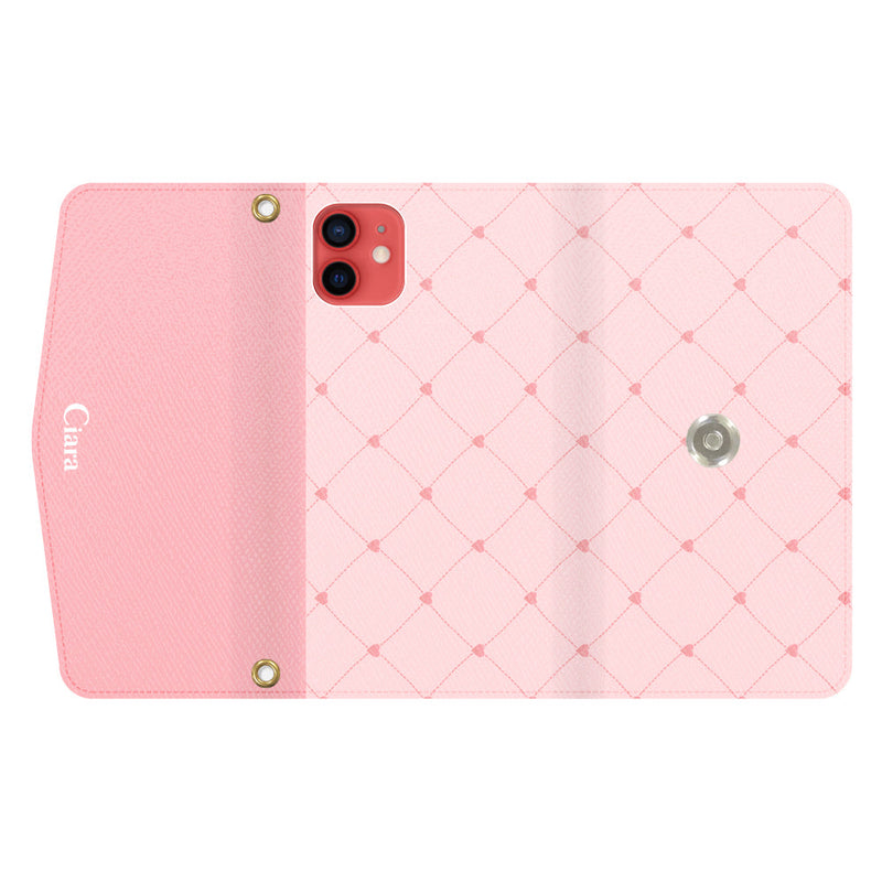 iPhoneケース  カード収納 ミラー ストラップ付き レザー 三つ折り 手帳型ケース ハートキルティング