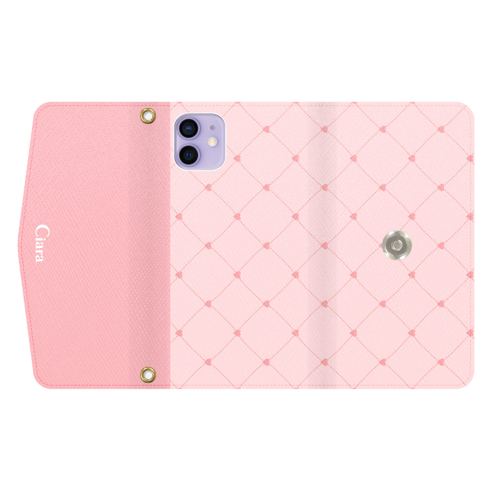 iPhone12/12Proケース 手帳型カード収納レザーケース ハートキルティング ピンク