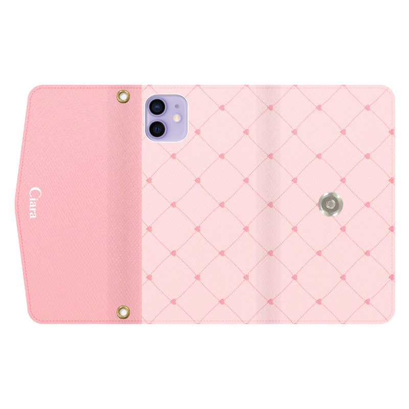 iPhoneケース  カード収納 ミラー ストラップ付き レザー 三つ折り 手帳型ケース ハートキルティング