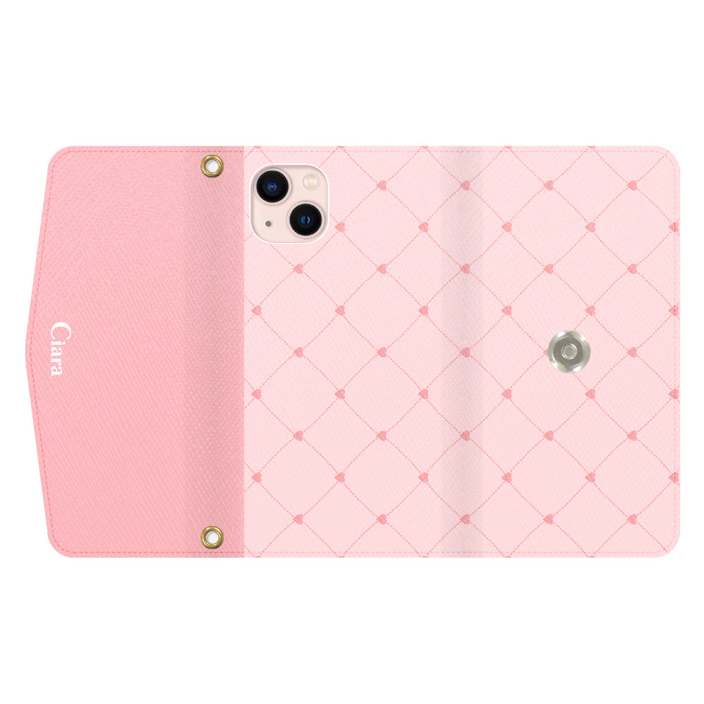 iPhone13ケース 手帳型カード収納レザーケース ハートキルティング ピンク