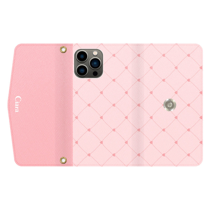 iPhoneケース  カード収納 ミラー ストラップ付き レザー 三つ折り 手帳型ケース ハートキルティング