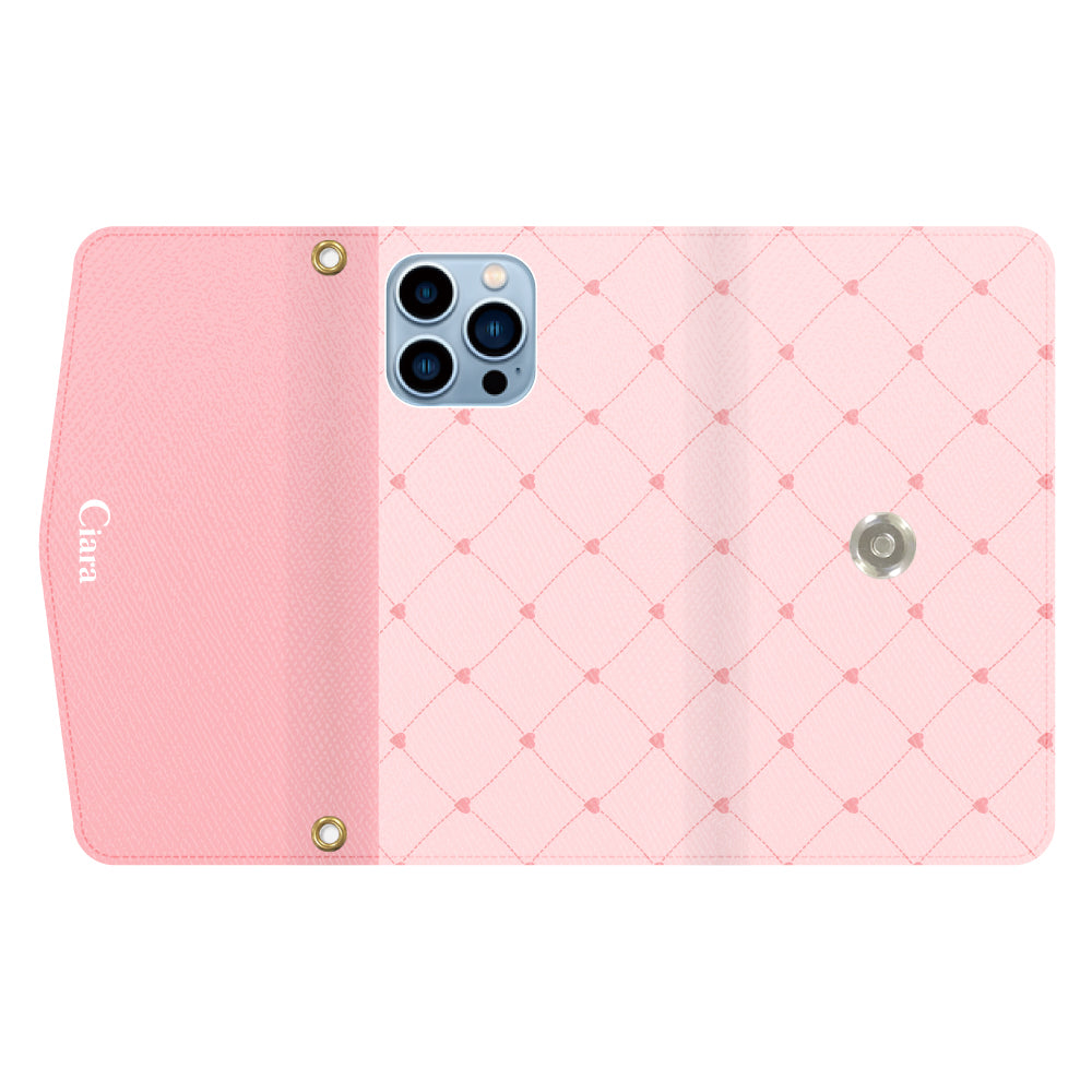 iPhone13ProMaxケース 手帳型カード収納レザーケース ハートキルティング ピンク