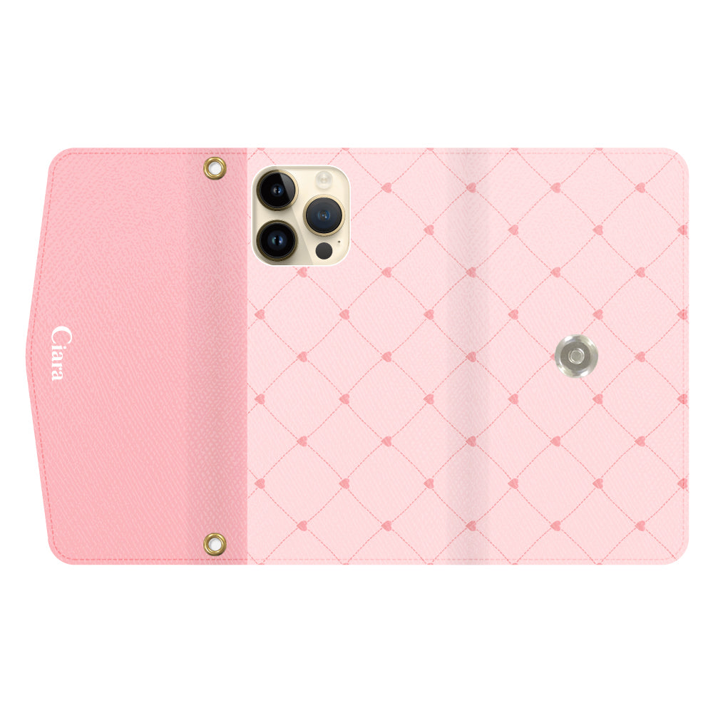 iPhone14Proケース 手帳型カード収納レザーケース ハートキルティング ピンク