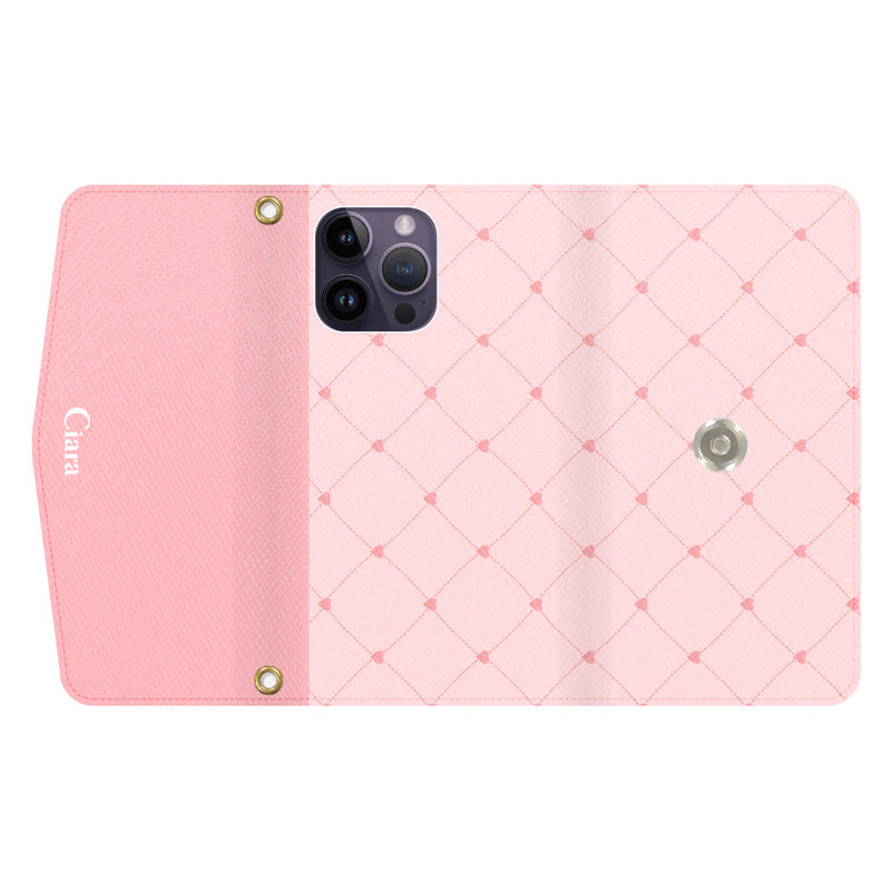 iPhoneケース  カード収納 ミラー ストラップ付き レザー 三つ折り 手帳型ケース ハートキルティング