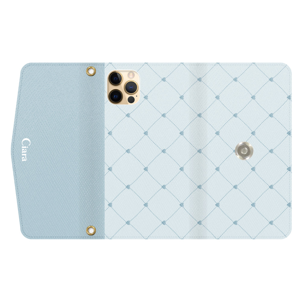 iPhone11Proケース 手帳型カード収納レザーケース ハートキルティング ブルー