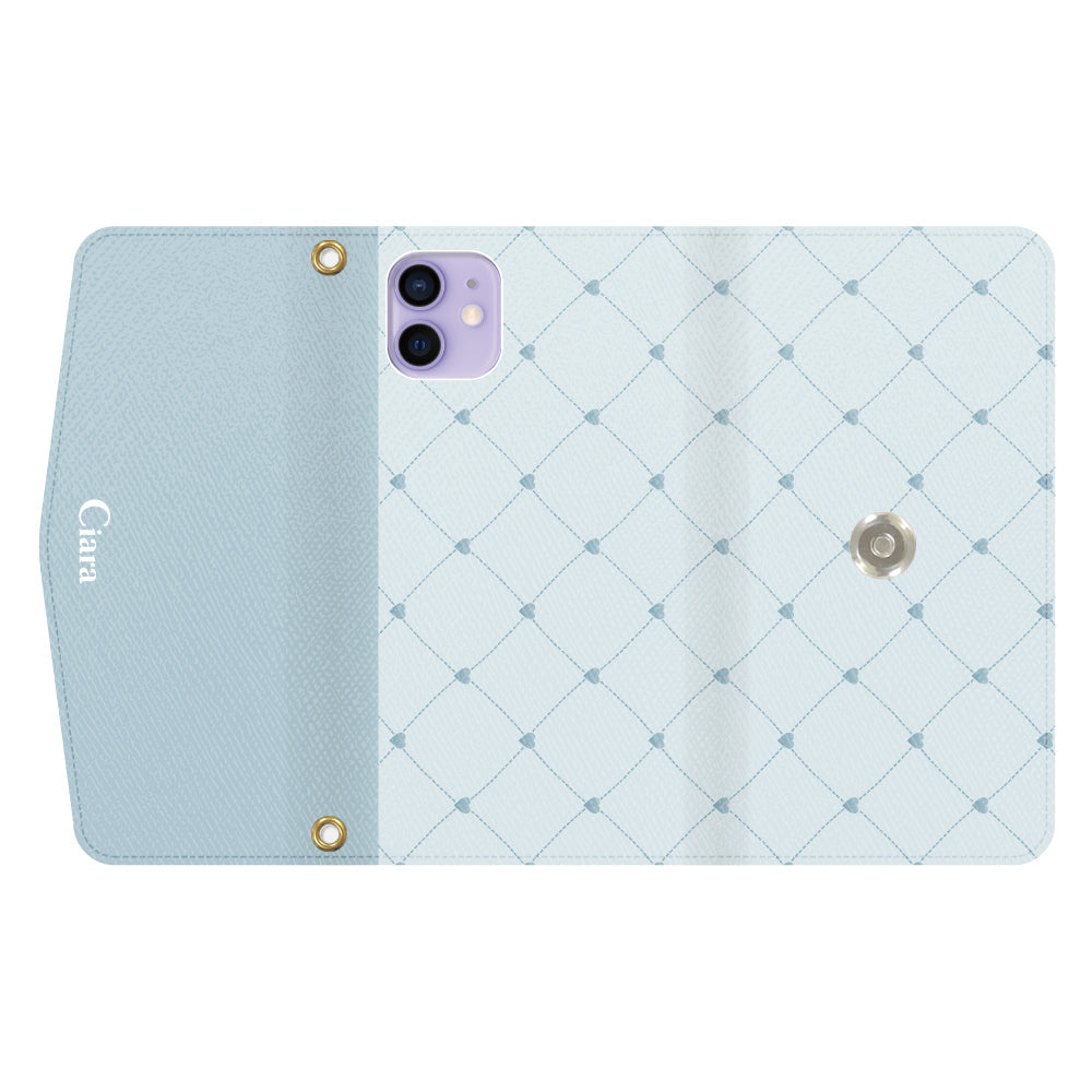 iPhone12/12Proケース 手帳型カード収納レザーケース ハートキルティング ブルー