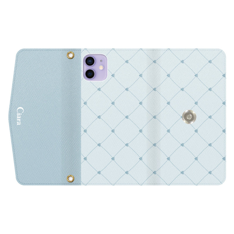 iPhoneケース  カード収納 ミラー ストラップ付き レザー 三つ折り 手帳型ケース ハートキルティング