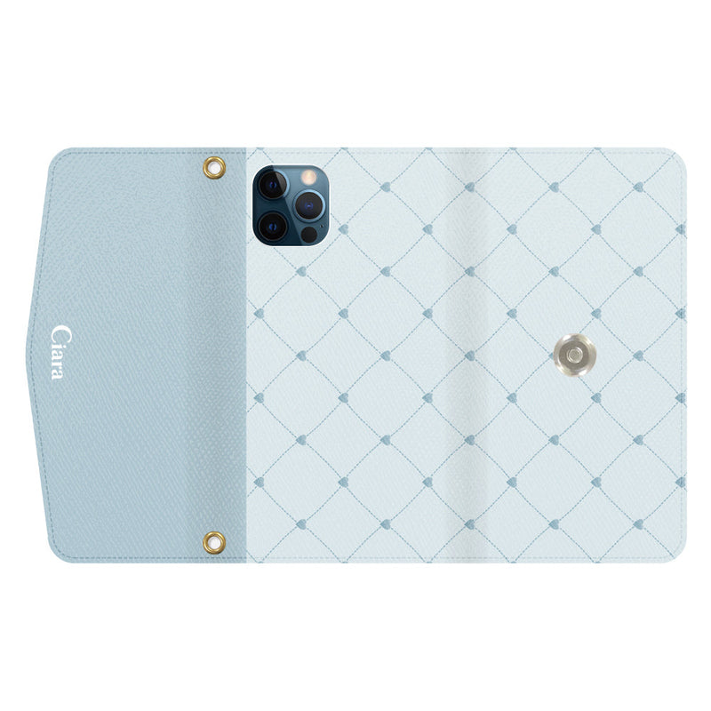 iPhoneケース  カード収納 ミラー ストラップ付き レザー 三つ折り 手帳型ケース ハートキルティング