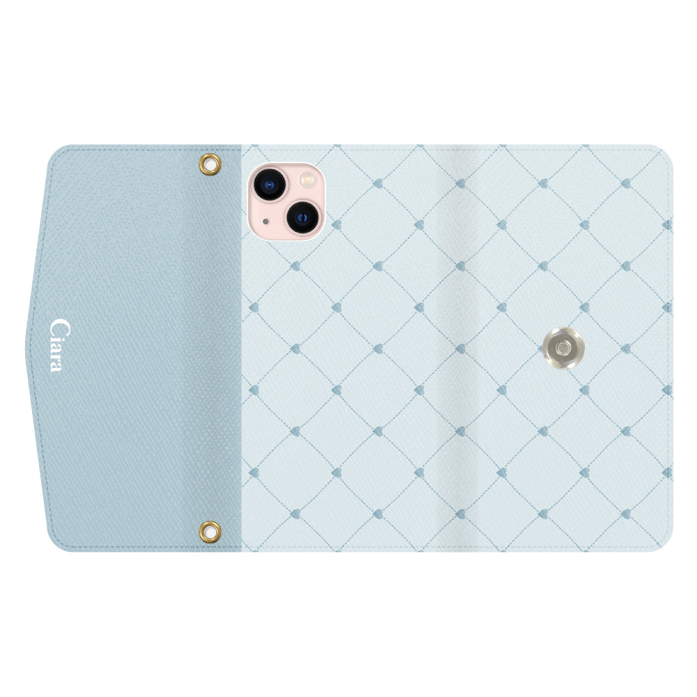 iPhone13ケース 手帳型カード収納レザーケース ハートキルティング ブルー