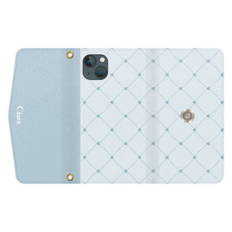 iPhoneケース  カード収納 ミラー ストラップ付き レザー 三つ折り 手帳型ケース ハートキルティング