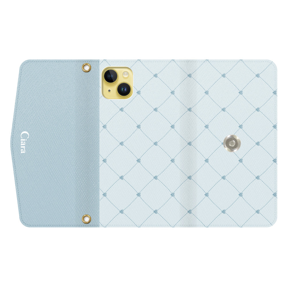 iPhone14Plusケース 手帳型カード収納レザーケース ハートキルティング ブルー