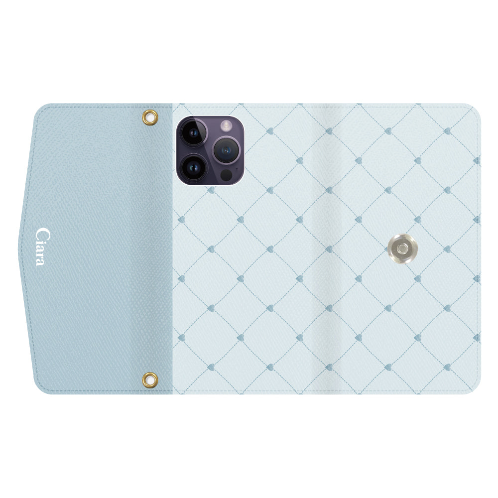 iPhone14ProMaxケース 手帳型カード収納レザーケース ハートキルティング ブルー