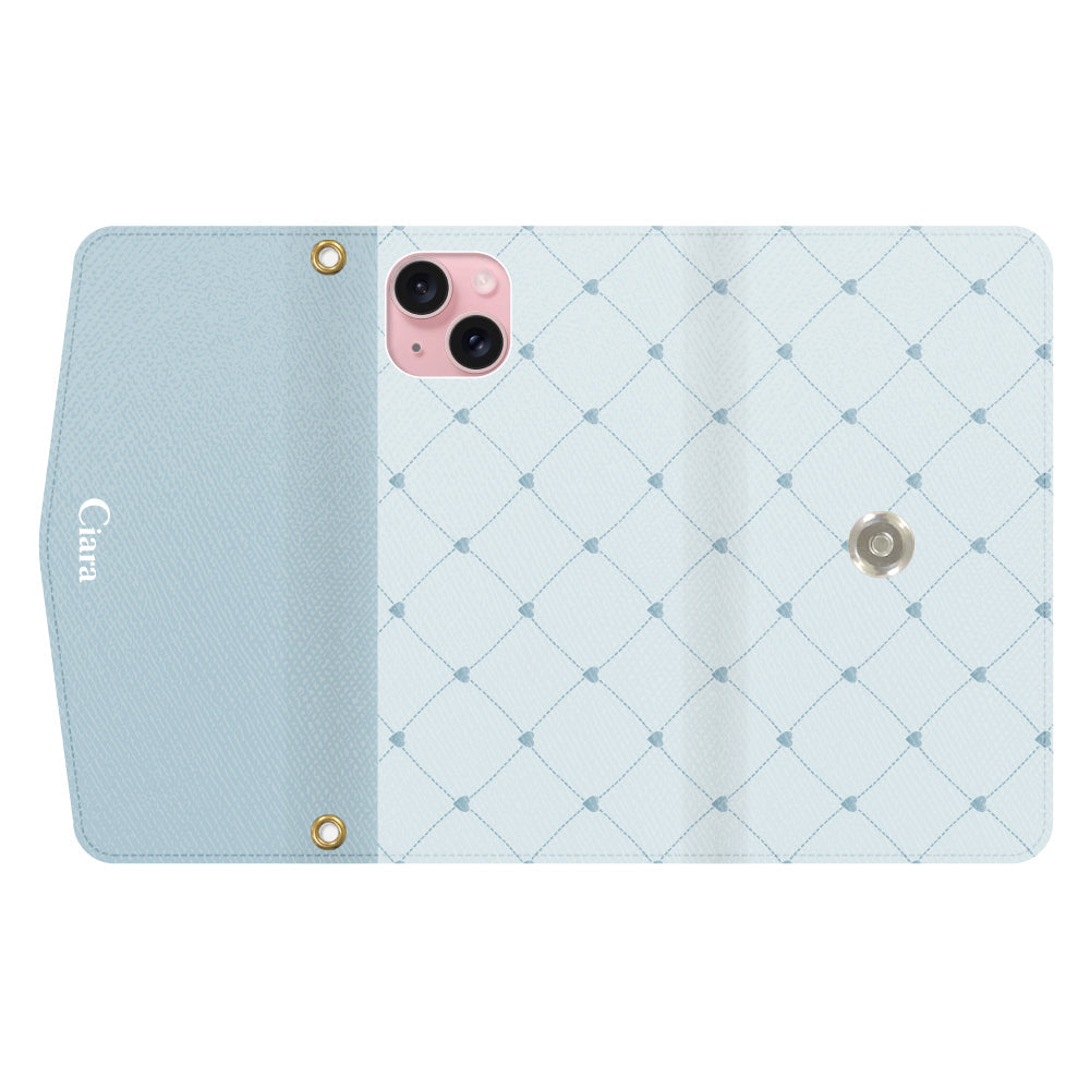 iPhone15ケース 手帳型カード収納レザーケース ハートキルティング ブルー