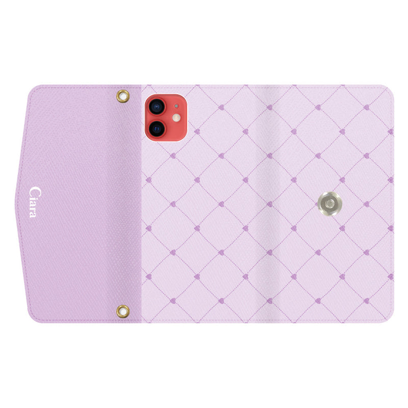 iPhoneケース  カード収納 ミラー ストラップ付き レザー 三つ折り 手帳型ケース ハートキルティング