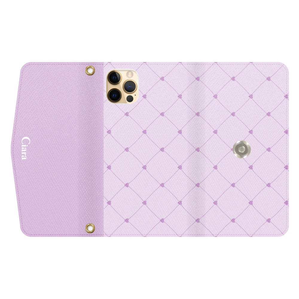 iPhone11ProMaxケース 手帳型カード収納レザーケース ハートキルティング パープル