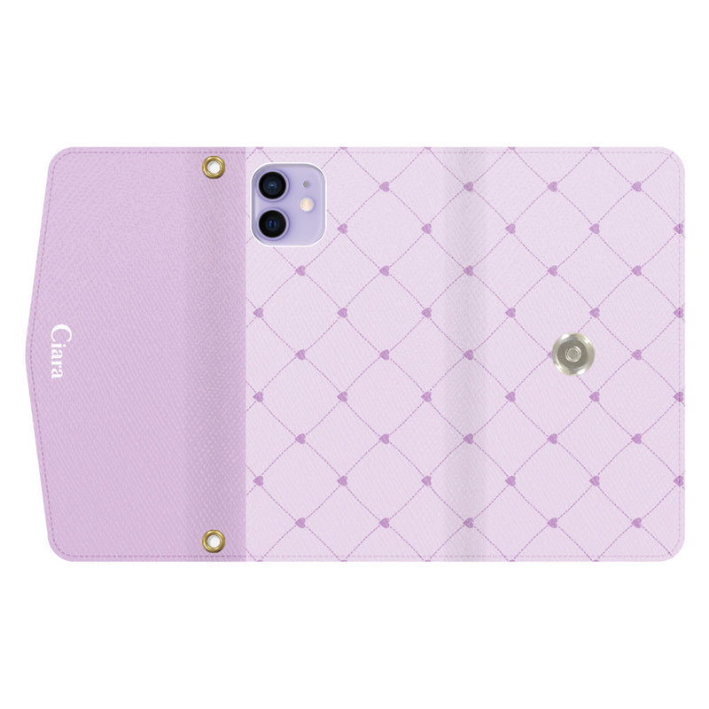 iPhoneケース  カード収納 ミラー ストラップ付き レザー 三つ折り 手帳型ケース ハートキルティング