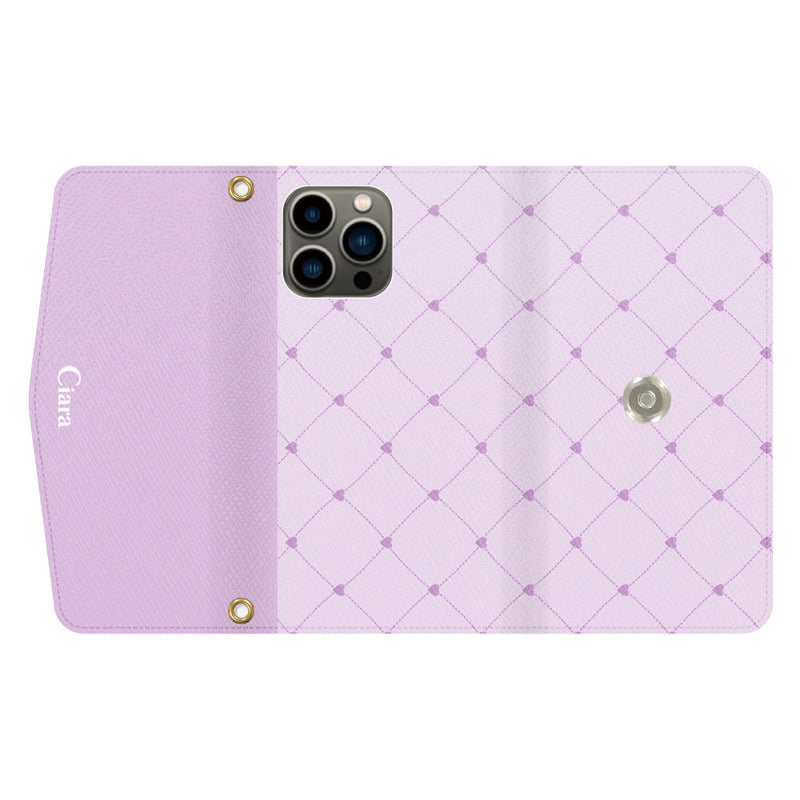 iPhoneケース  カード収納 ミラー ストラップ付き レザー 三つ折り 手帳型ケース ハートキルティング