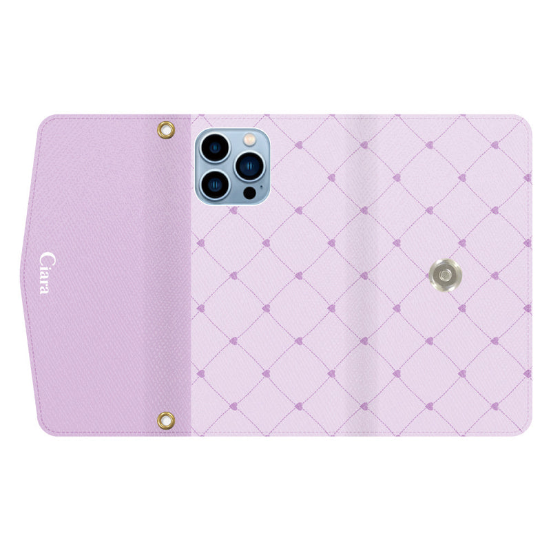 iPhoneケース  カード収納 ミラー ストラップ付き レザー 三つ折り 手帳型ケース ハートキルティング