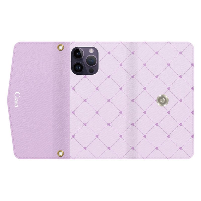 iPhoneケース  カード収納 ミラー ストラップ付き レザー 三つ折り 手帳型ケース ハートキルティング