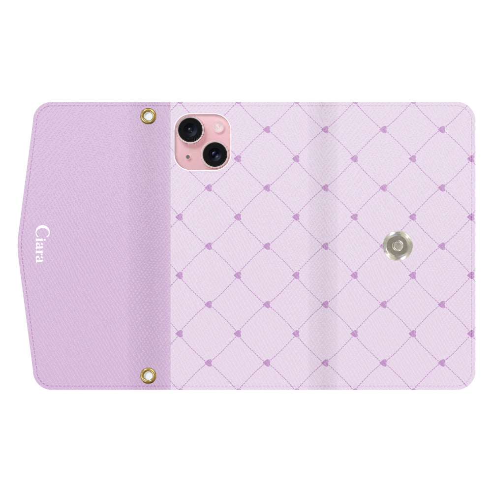 iPhone15ケース 手帳型カード収納レザーケース ハートキルティング パープル