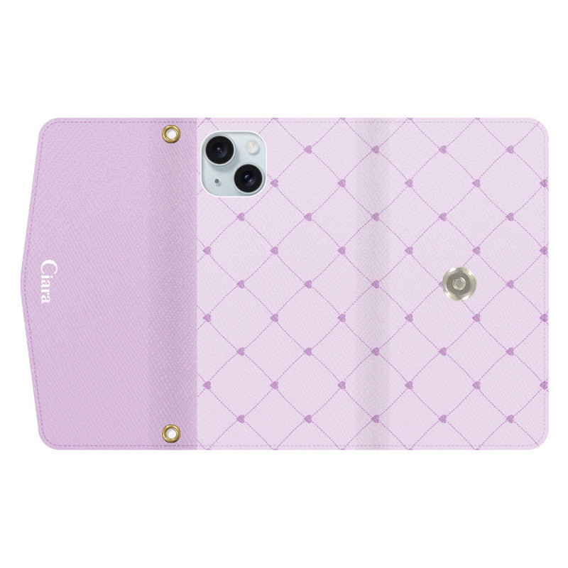 iPhoneケース  カード収納 ミラー ストラップ付き レザー 三つ折り 手帳型ケース ハートキルティング