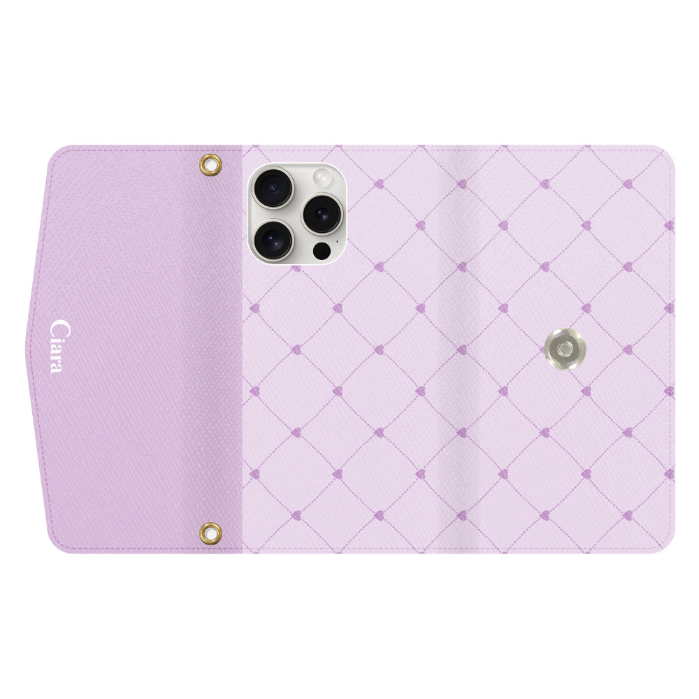 iPhone15ProMaxケース 手帳型カード収納レザーケース ハートキルティング パープル