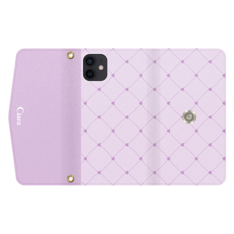 iPhoneケース  カード収納 ミラー ストラップ付き レザー 三つ折り 手帳型ケース ハートキルティング