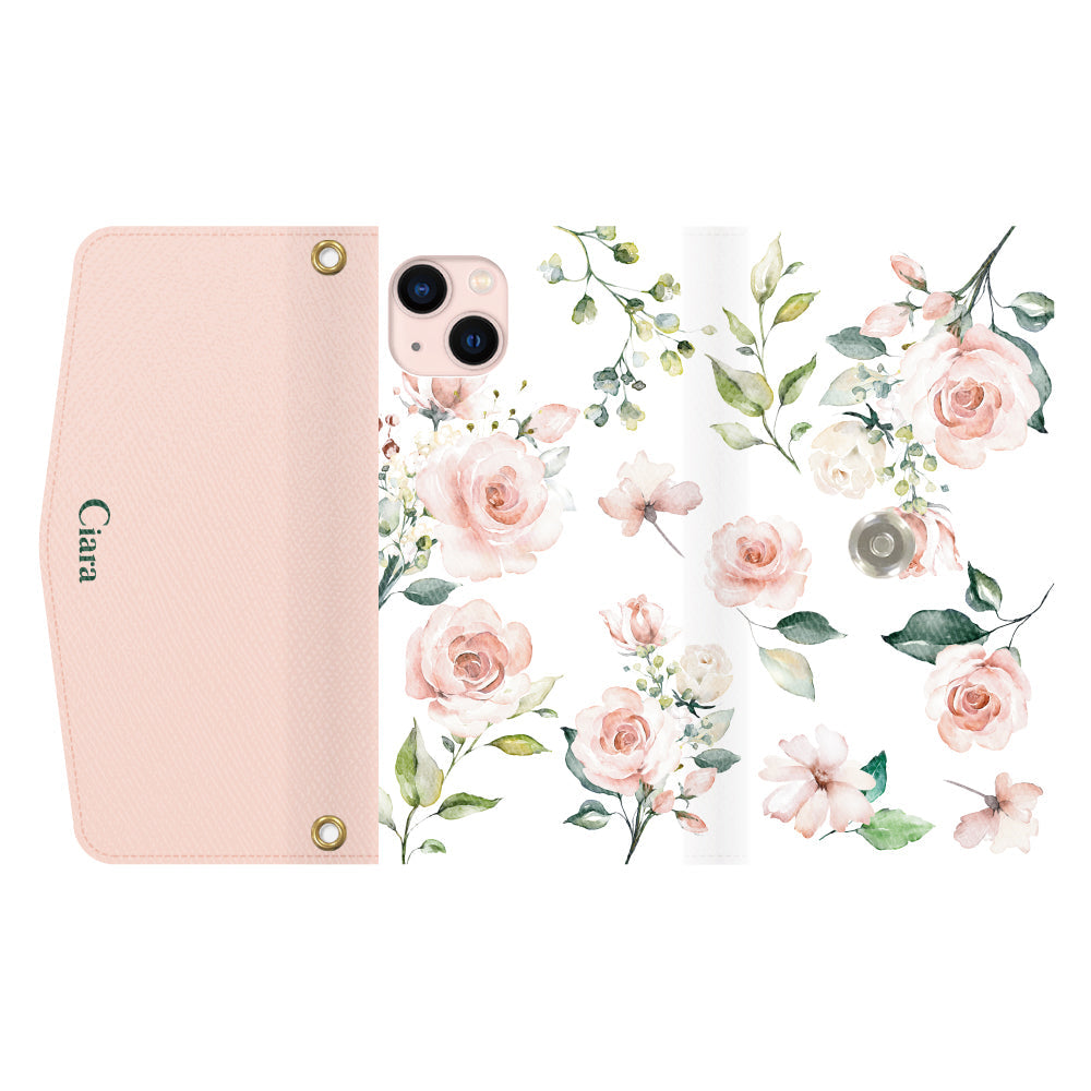 iPhone13ケース 手帳型カード収納レザーケース スプリンクルフラワー ピンク