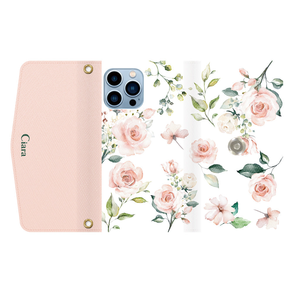 iPhone13ProMaxケース 手帳型カード収納レザーケース スプリンクルフラワー ピンク
