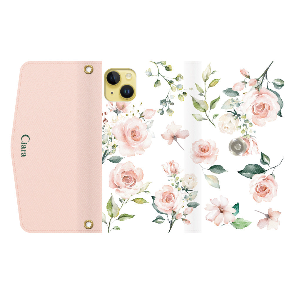 iPhone14Plusケース 手帳型カード収納レザーケース スプリンクルフラワー ピンク