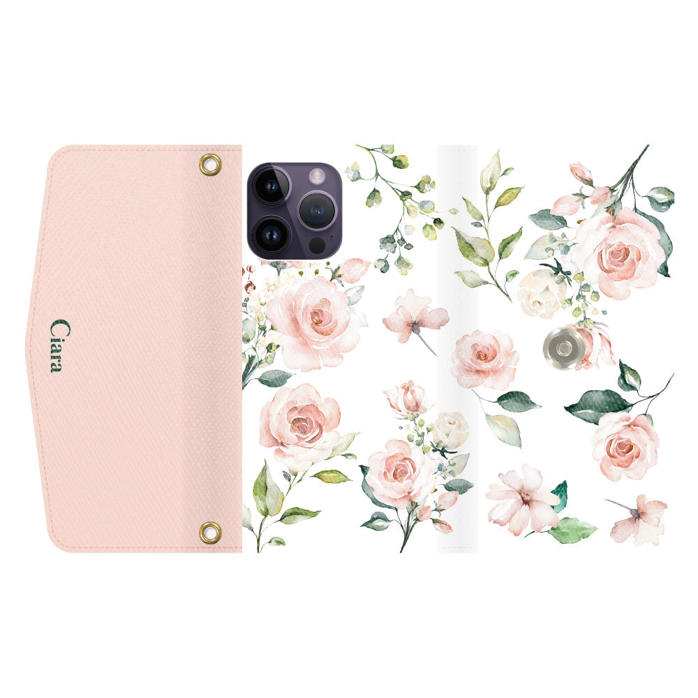iPhone14ProMaxケース 手帳型カード収納レザーケース スプリンクルフラワー ピンク