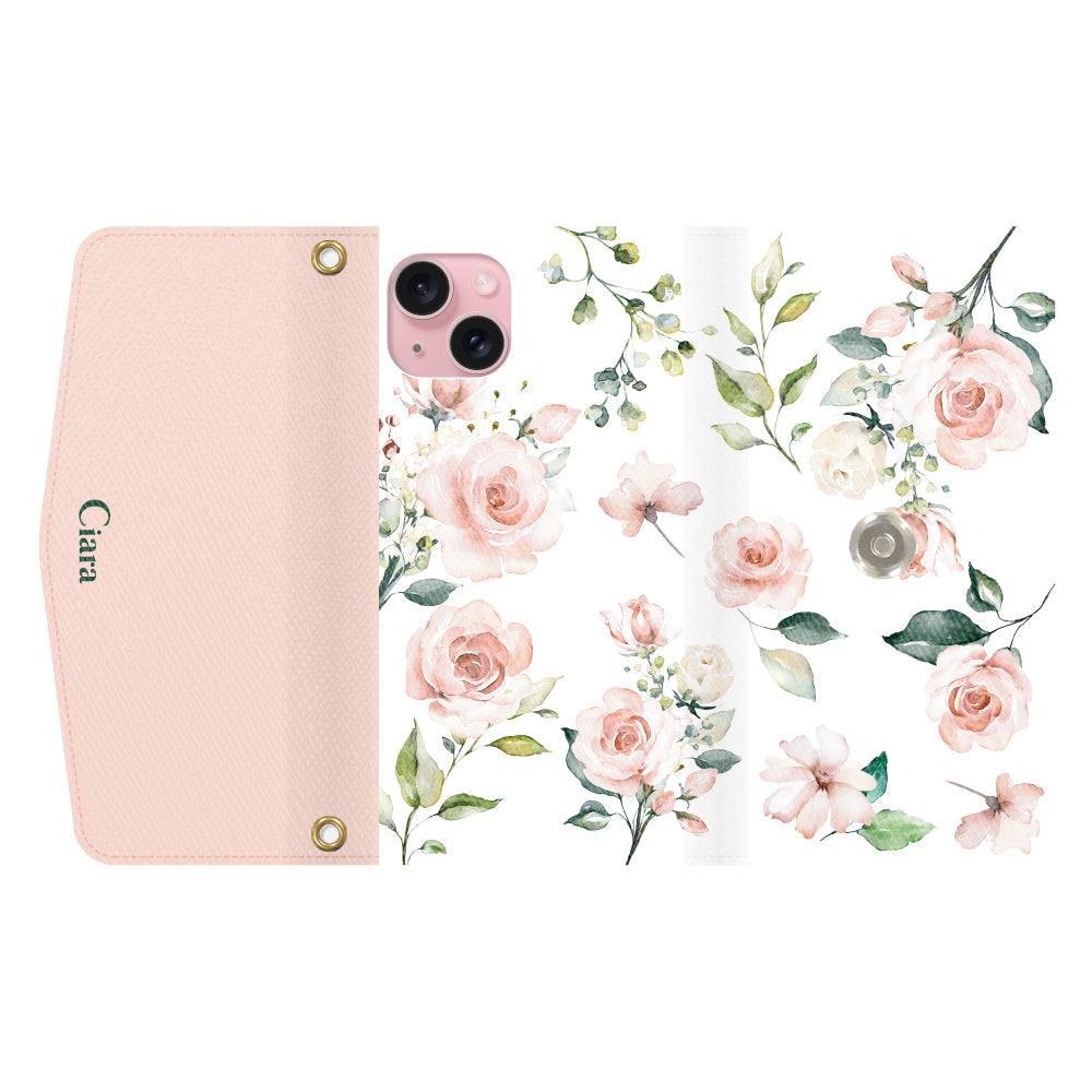 iPhone15ケース 手帳型カード収納レザーケース スプリンクルフラワー ピンク