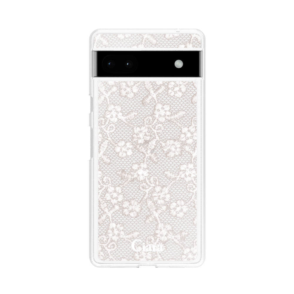 GooglePixel6a クリアケース ファブリックスモールフラワーレース ホワイト
