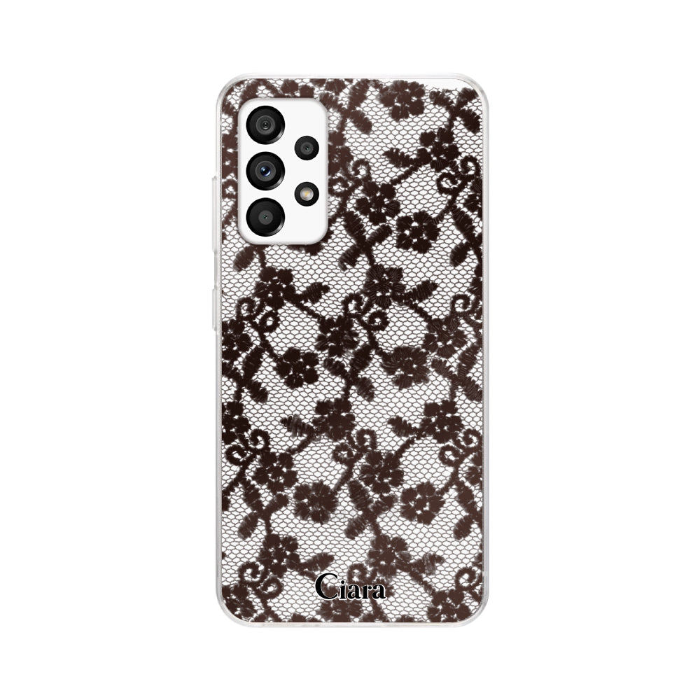 GalaxyA53ケース クリアケース ファブリックスモールフラワーレース ブラック