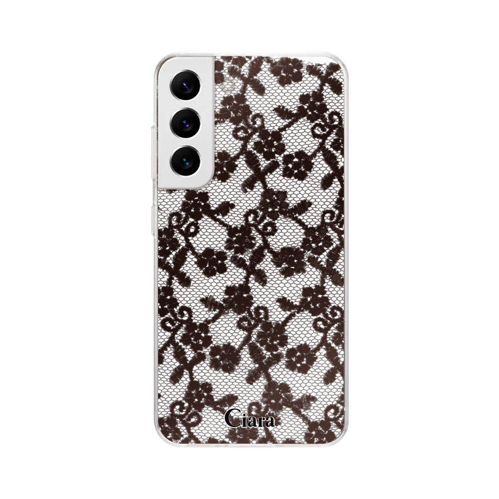 GalaxyS22ケース クリアケース ファブリックスモールフラワーレース ブラック