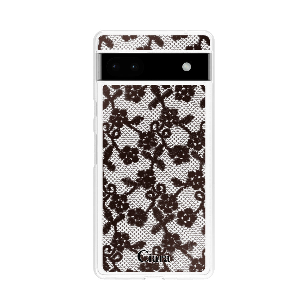 GooglePixel6aケース クリアケース ファブリックスモールフラワーレース ブラック