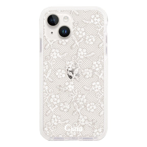 iPhone14 クッションバンパー 耐衝撃クリアケース ファブリックスモールフラワーレース ホワイト