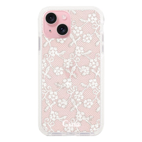 iPhone15 クッションバンパー 耐衝撃クリアケース ファブリックスモールフラワーレース ホワイト