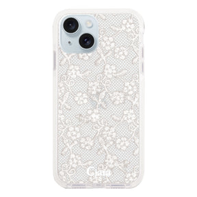 iPhone15Plus クッションバンパー 耐衝撃クリアケース ファブリックスモールフラワーレース ホワイト