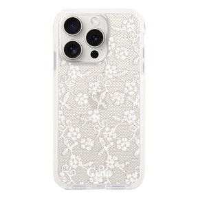 iPhone15ProMax クッションバンパー 耐衝撃クリアケース ファブリックスモールフラワーレース ホワイト