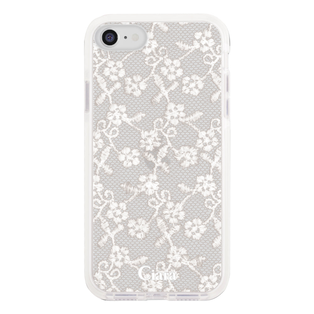 iPhone7/8/SE2/SE3 クッションバンパー 耐衝撃クリアケース ファブリックスモールフラワーレース ホワイト