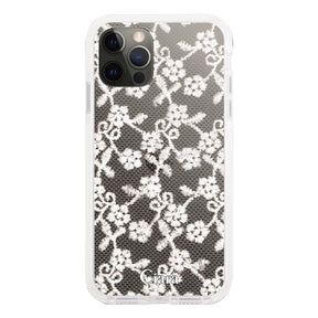 iPhoneX/XS クッションバンパー 耐衝撃クリアケース ファブリックスモールフラワーレース ホワイト