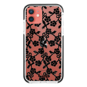 iPhone11 クッションバンパー 耐衝撃クリアケース ファブリックスモールフラワーレース ブラック