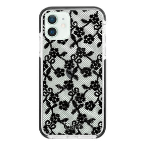 iPhone12mini クッションバンパー 耐衝撃クリアケース ファブリックスモールフラワーレース ブラック