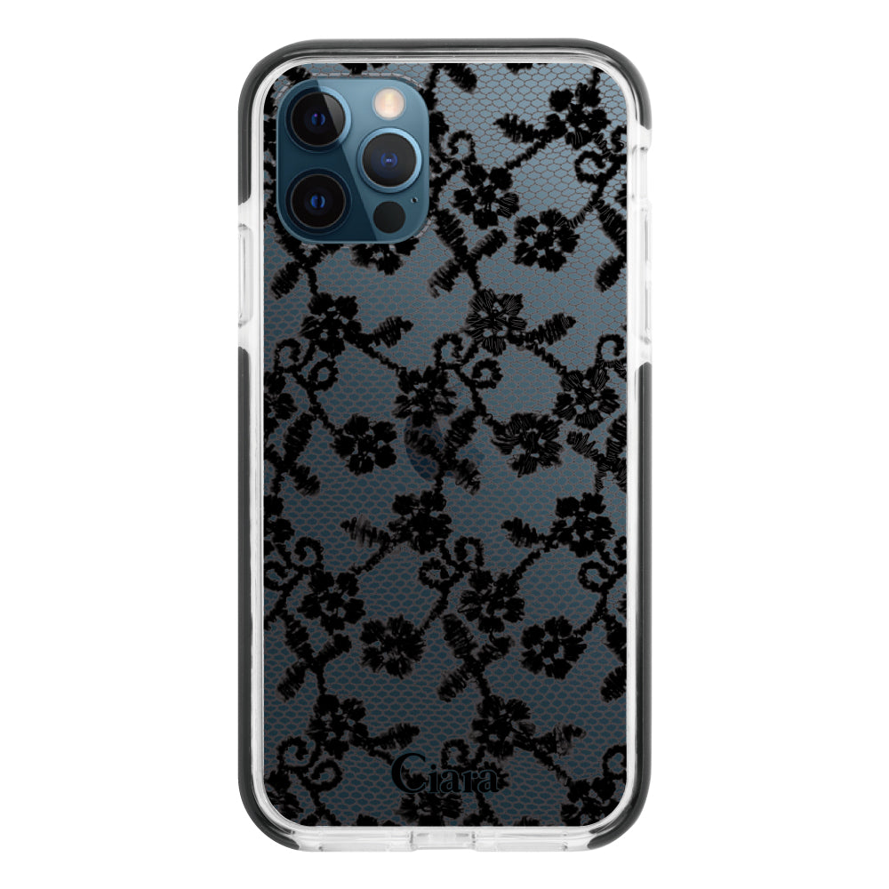 iPhone12ProMax クッションバンパー 耐衝撃クリアケース ファブリックスモールフラワーレース ブラック
