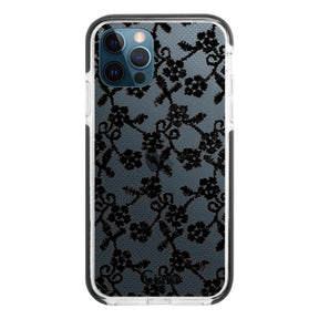 iPhone12ProMax クッションバンパー 耐衝撃クリアケース ファブリックスモールフラワーレース ブラック