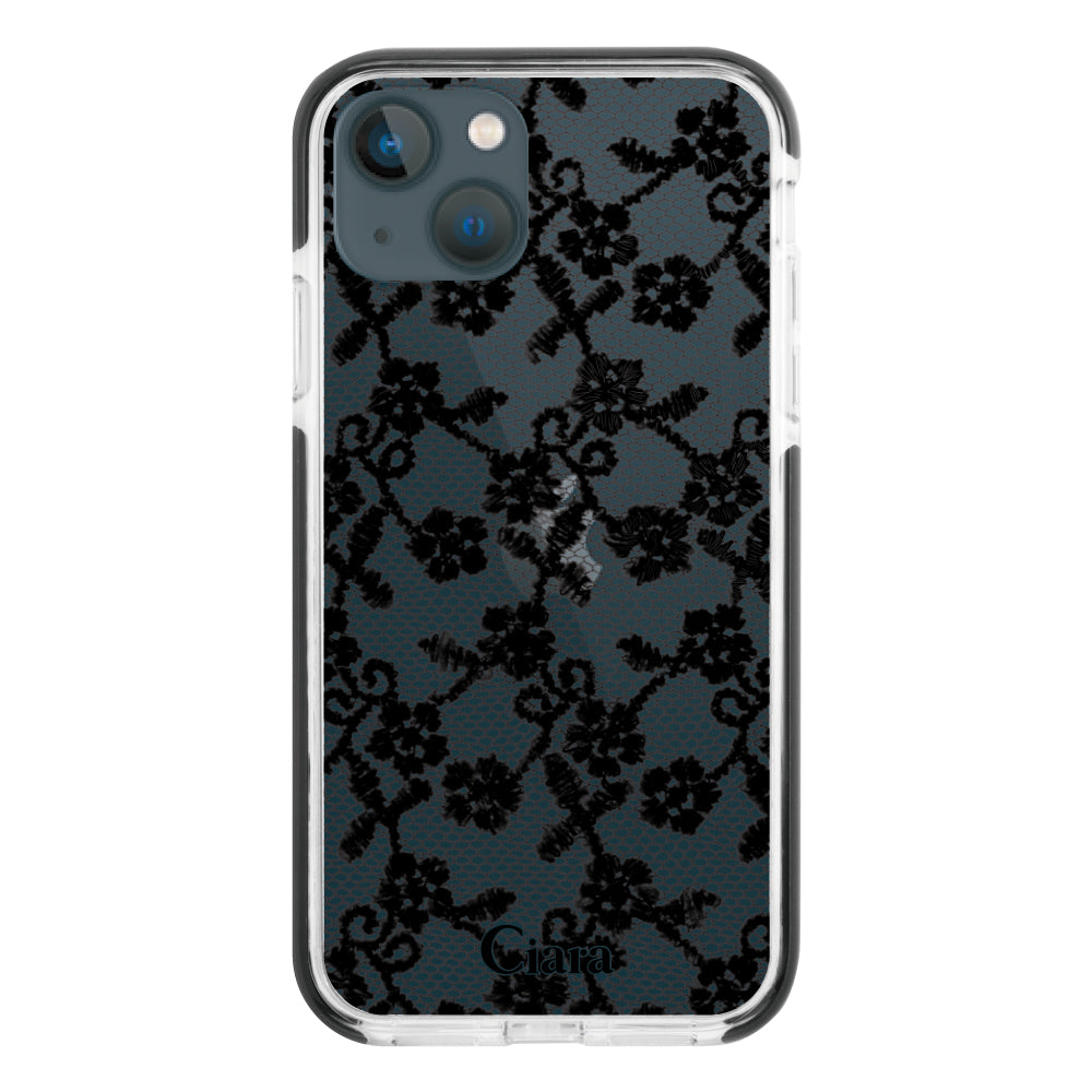 iPhone13mini クッションバンパー 耐衝撃クリアケース ファブリックスモールフラワーレース ブラック