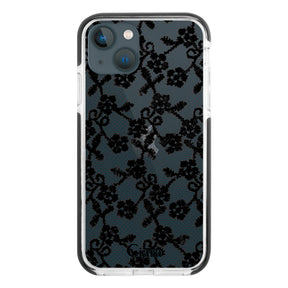iPhone13mini クッションバンパー 耐衝撃クリアケース ファブリックスモールフラワーレース ブラック