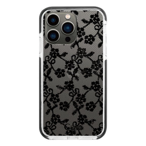 iPhone13Pro クッションバンパー 耐衝撃クリアケース ファブリックスモールフラワーレース ブラック